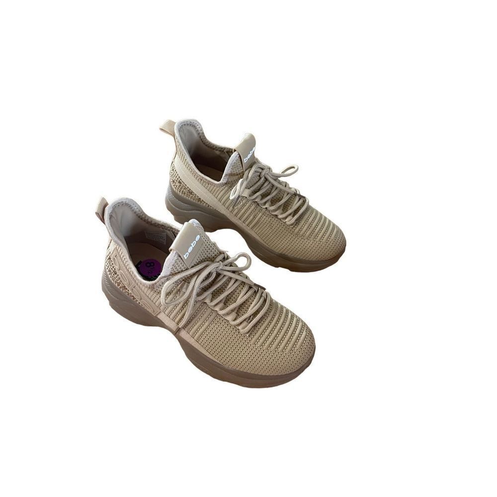 Bebe Womens Beige Lace Up Textile Analia Sneakers Athletic Shoes Size 8.5